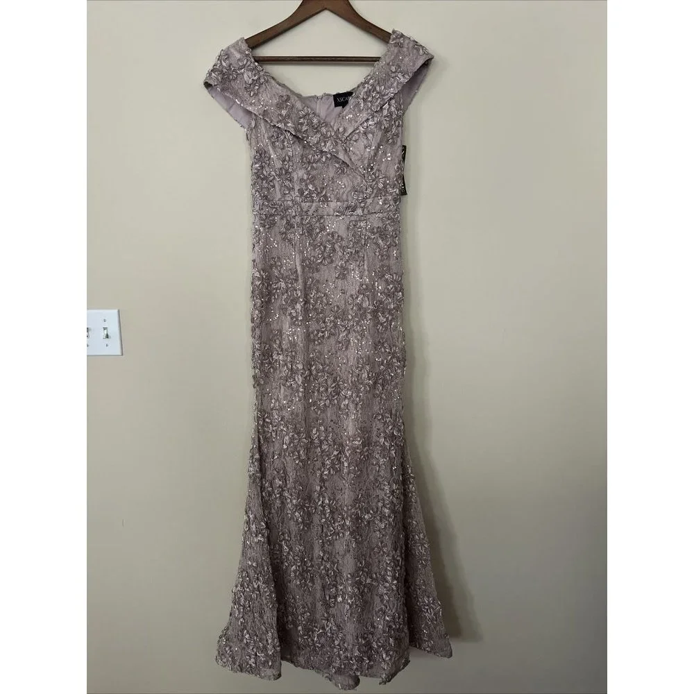 Xscape Womens Sz 4 Taupe Off the Shoulder Embroidered Lace Long Gown Dress - Picture 6 of 14